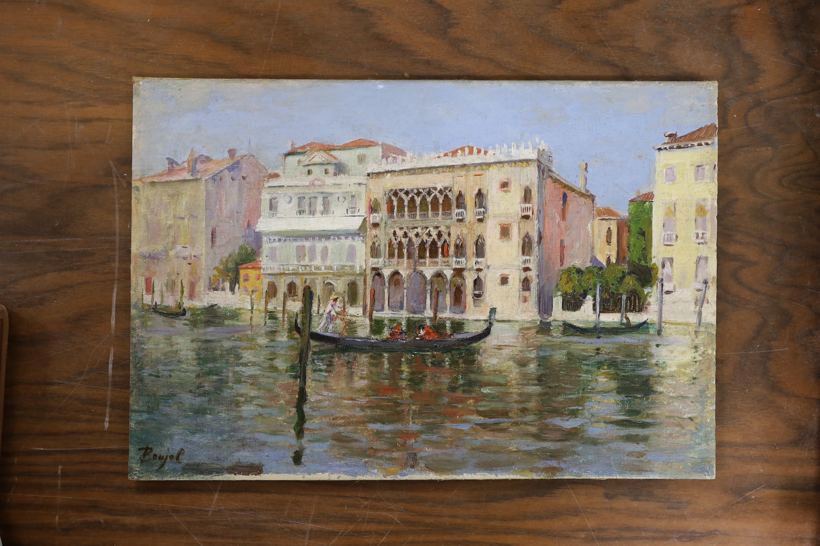 C. Poujal, oil on board, Gondola on a Venetian canal, signed, 24 x 35cm, unframed